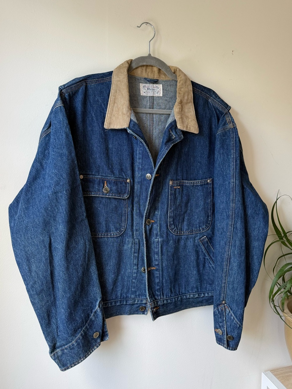 Polo Ralph Lauren Made in USA darted Blue Denim Jacket with Tan Corduroy Collar